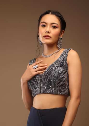 Mood Indigo Blue Ready-Pleated Saree With A Crop Top In Sequins Embroidery Corset Neckline With A Tie-Up Tassel Dori At The Back