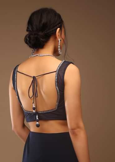 Mood Indigo Blue Ready-Pleated Saree With A Crop Top In Sequins Embroidery Corset Neckline With A Tie-Up Tassel Dori At The Back