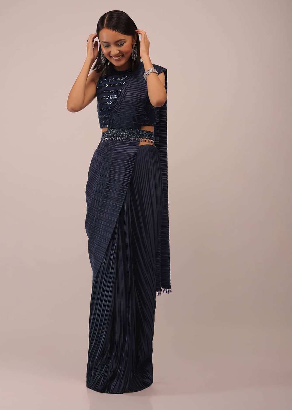 Mood Indigo Blue Saree With A Crop Top In Sequins Embroidery Paired With A Belt In Stones And Cut Dana Embroidery