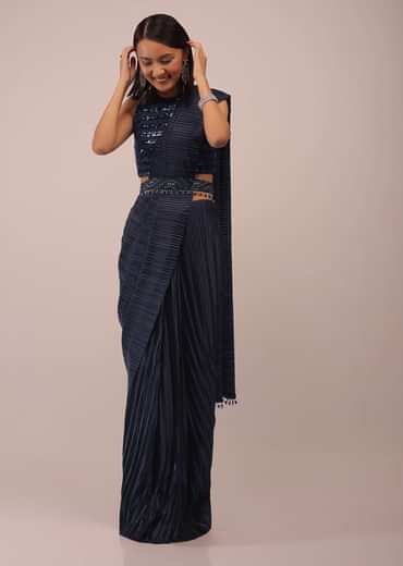 Mood Indigo Blue Saree With A Crop Top In Sequins Embroidery Paired With A Belt In Stones And Cut Dana Embroidery