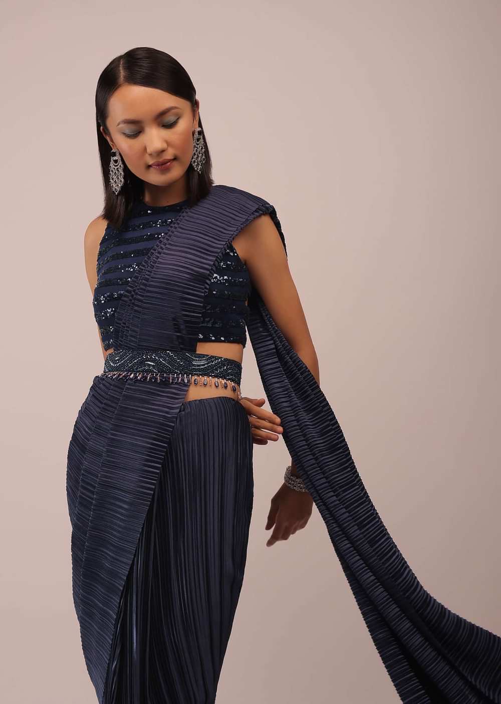 Mood Indigo Blue Saree With A Crop Top In Sequins Embroidery Paired With A Belt In Stones And Cut Dana Embroidery