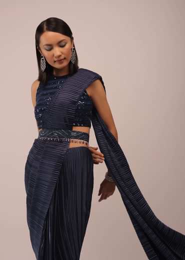 Mood Indigo Blue Saree With A Crop Top In Sequins Embroidery Paired With A Belt In Stones And Cut Dana Embroidery