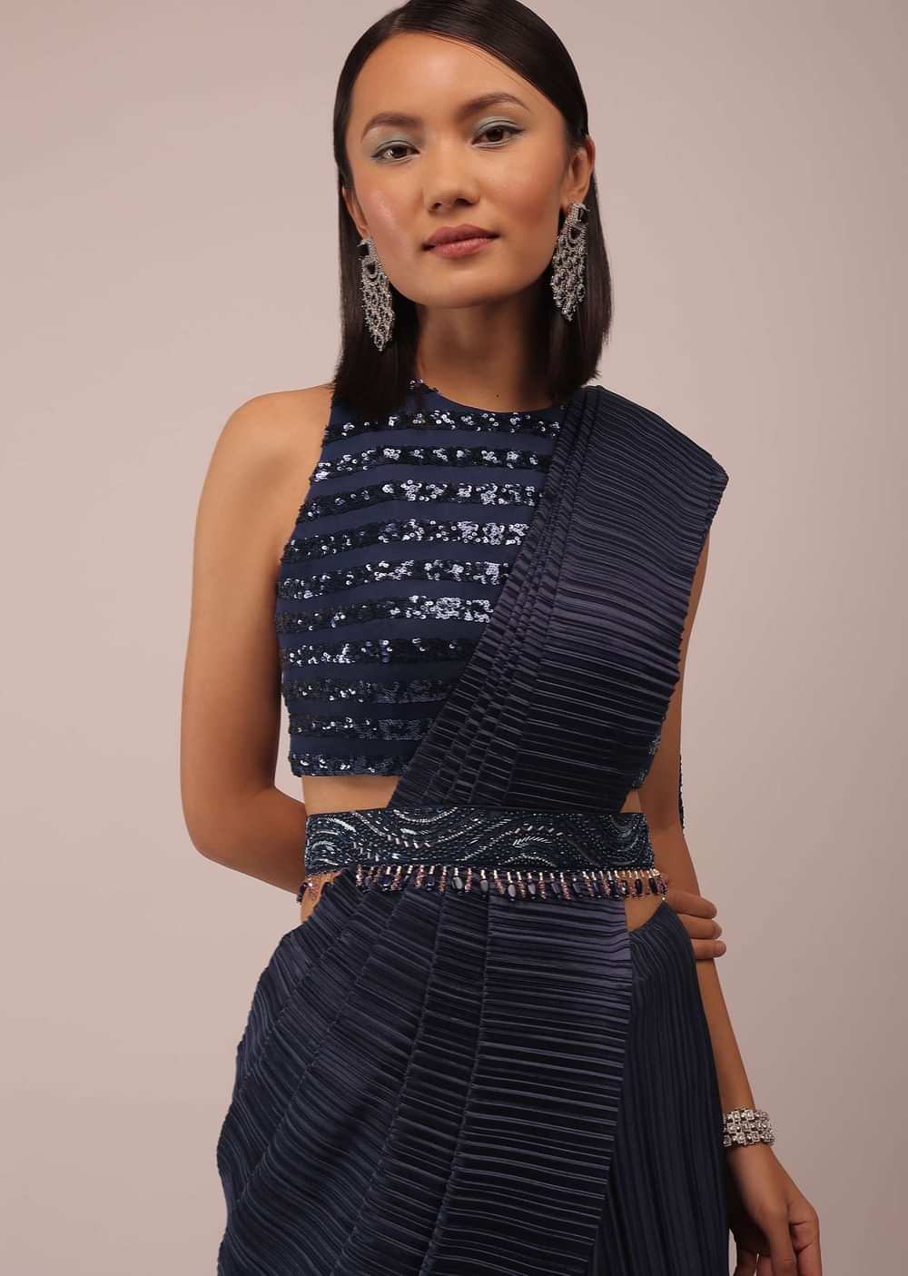 Mood Indigo Blue Saree With A Crop Top In Sequins Embroidery Paired With A Belt In Stones And Cut Dana Embroidery