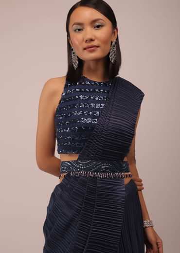 Mood Indigo Blue Saree With A Crop Top In Sequins Embroidery Paired With A Belt In Stones And Cut Dana Embroidery