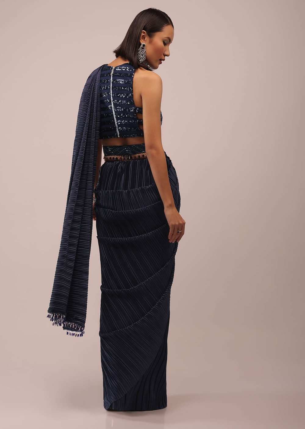 Mood Indigo Blue Saree With A Crop Top In Sequins Embroidery Paired With A Belt In Stones And Cut Dana Embroidery