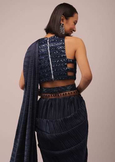 Mood Indigo Blue Saree With A Crop Top In Sequins Embroidery Paired With A Belt In Stones And Cut Dana Embroidery