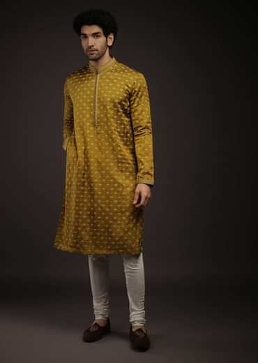 Moss Green Kurta Set In Satin Silk With 3D Printed Buttis