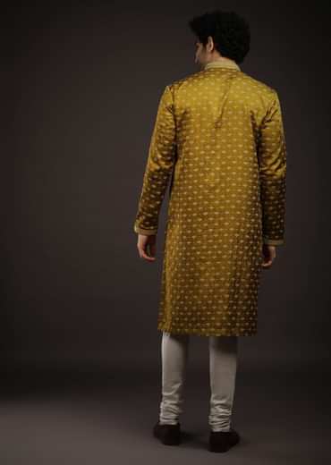 Moss Green Kurta Set In Satin Silk With 3D Printed Buttis