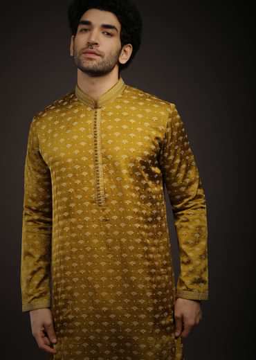 Moss Green Kurta Set In Satin Silk With 3D Printed Buttis