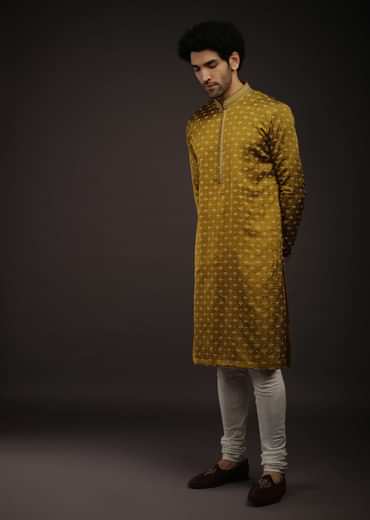Moss Green Kurta Set In Satin Silk With 3D Printed Buttis