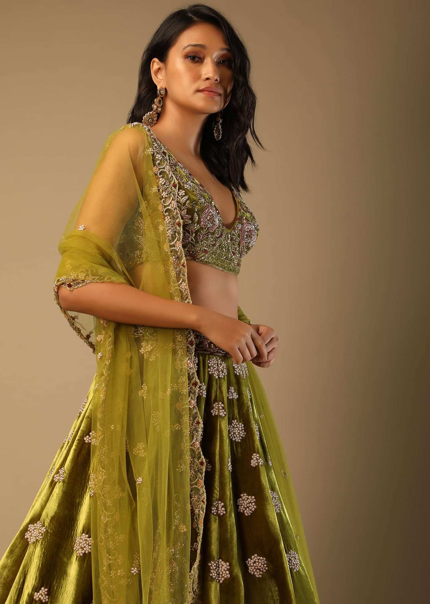 Moss Green Lehenga Choli With Multi Colored Hand Embroidered Floral Buttis