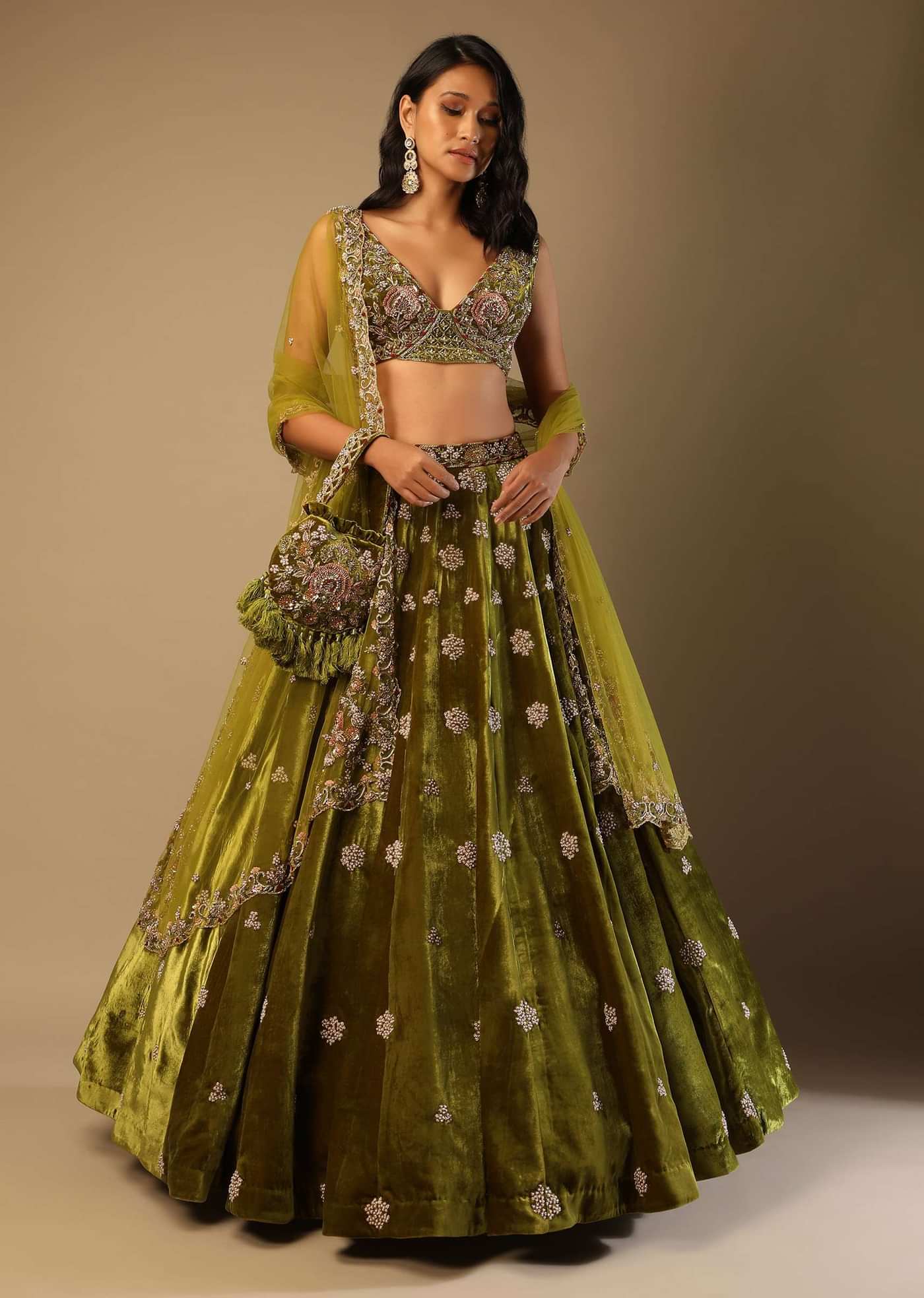 Moss Green Lehenga Choli With Multi Colored Hand Embroidered Floral Buttis