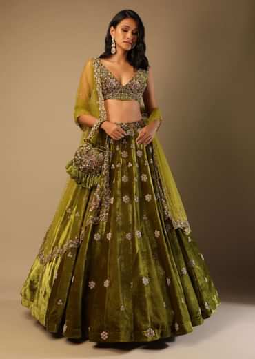 Moss Green Lehenga Choli With Multi Colored Hand Embroidered Floral Buttis