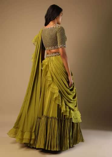 Moss Green Lehenga Saree In Crepe With Frill Drape And Hand Embroidered Choli Using Cut Dana Jaal