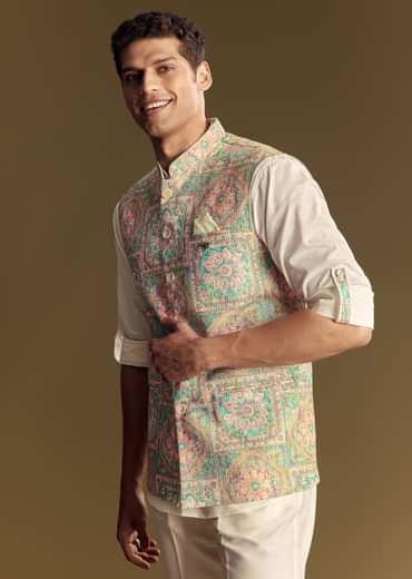 Multi Color Linen Jacket And Shirt Featuring Kantha Detailing