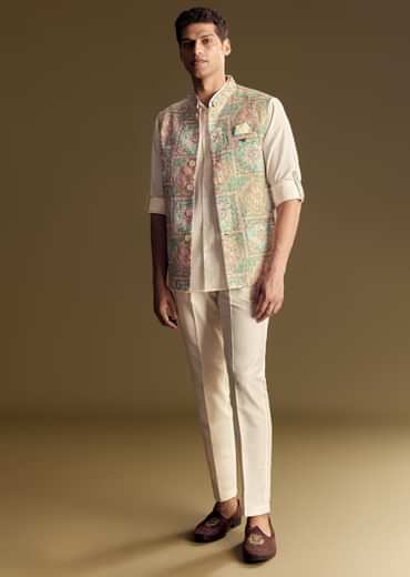 Multi Color Linen Jacket And Shirt Featuring Kantha Detailing