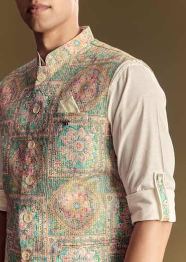 Multi Color Linen Jacket And Shirt Featuring Kantha Detailing
