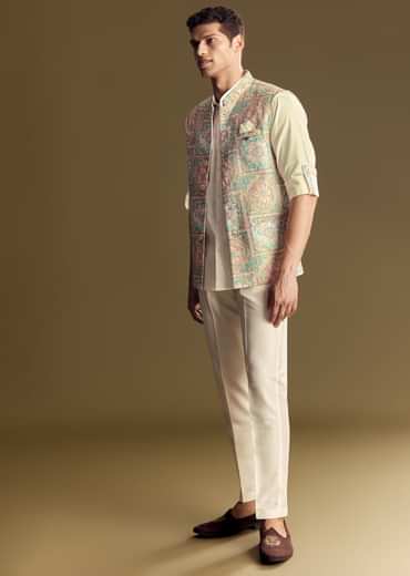 Multi Color Linen Jacket And Shirt Featuring Kantha Detailing
