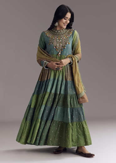 Multi Color Printed Chanderi Anarkali With Stitch Work