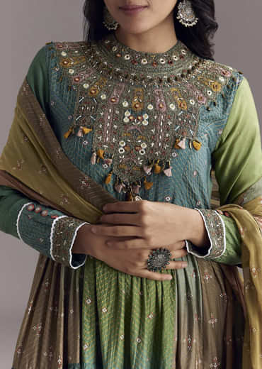 Multi Color Printed Chanderi Anarkali With Stitch Work