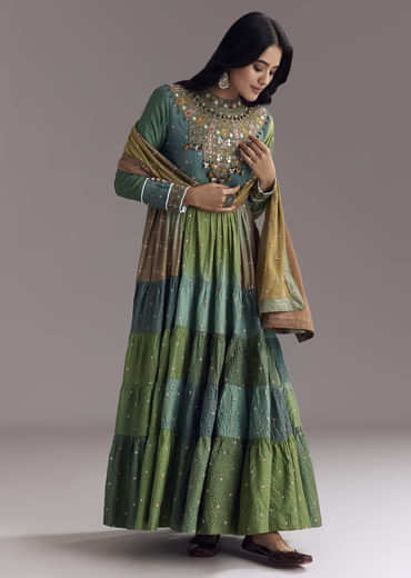 Multi Color Printed Chanderi Anarkali With Stitch Work