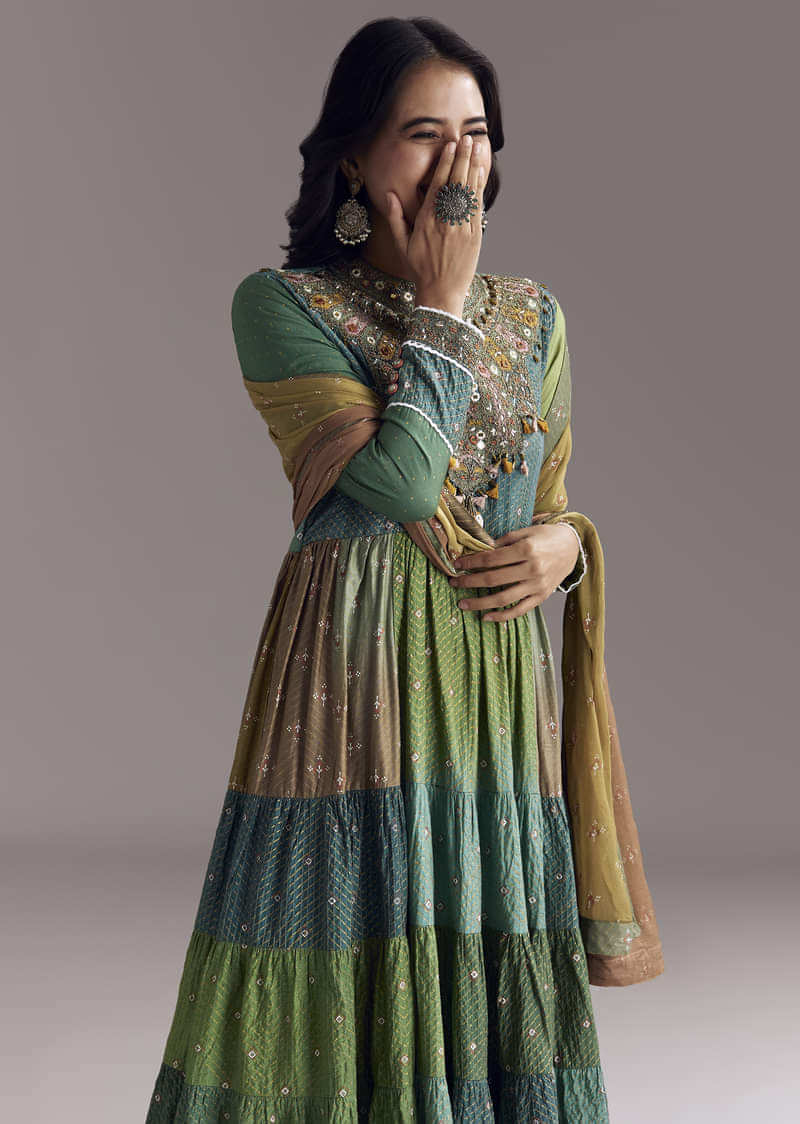 Multi Color Printed Chanderi Anarkali With Stitch Work