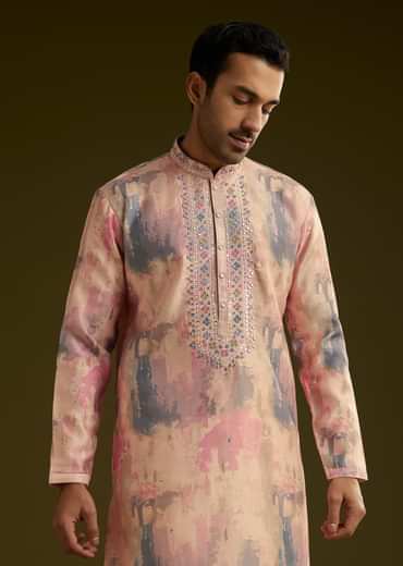 Multi Colored Abstract Printed Silk Kurta Set
