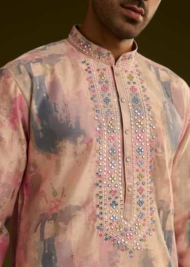 Multi Colored Abstract Printed Silk Kurta Set