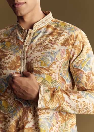 Multi Colored Linen Kurta Set With Floral And Foil Highlights