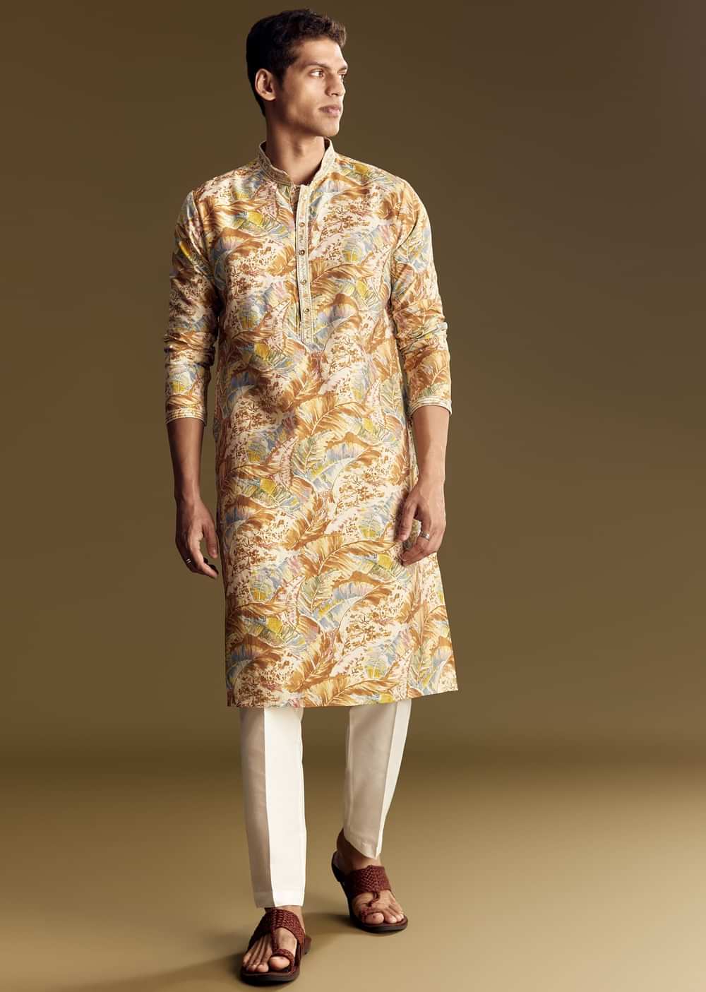Multi Colored Linen Kurta Set With Floral And Foil Highlights