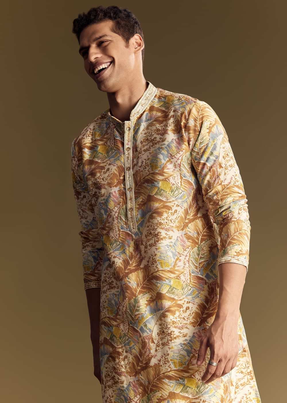 Multi Colored Linen Kurta Set With Floral And Foil Highlights