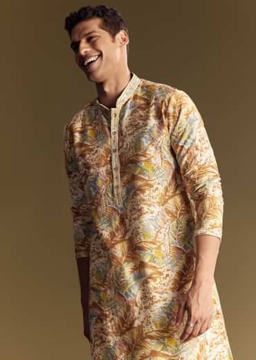 Multi Colored Linen Kurta Set With Floral And Foil Highlights