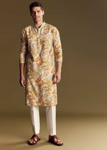 Multi Colored Linen Kurta Set With Floral And Foil Highlights