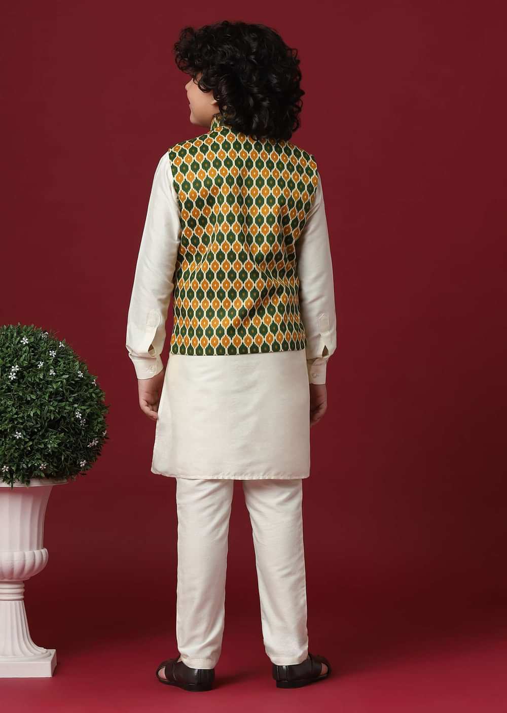Multi-Colored Silk Jacket Kurta Set for Boys