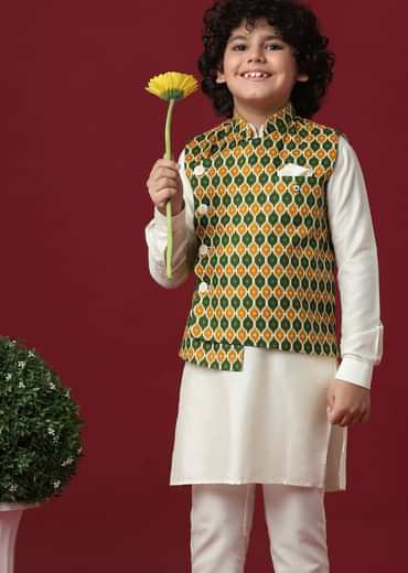 Multi-Colored Silk Jacket Kurta Set for Boys