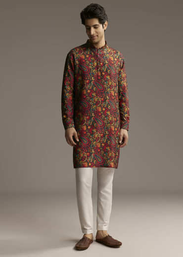 Multi Colour Silk Designer Kurta For Men With Paisley And Floral Print