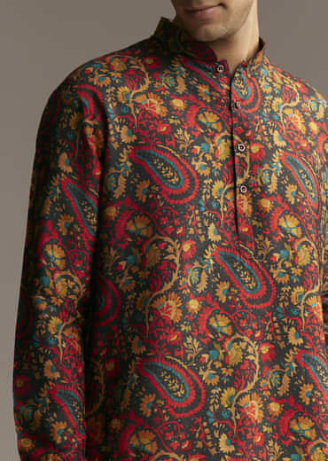 Multi Colour Silk Designer Kurta For Men With Paisley And Floral Print
