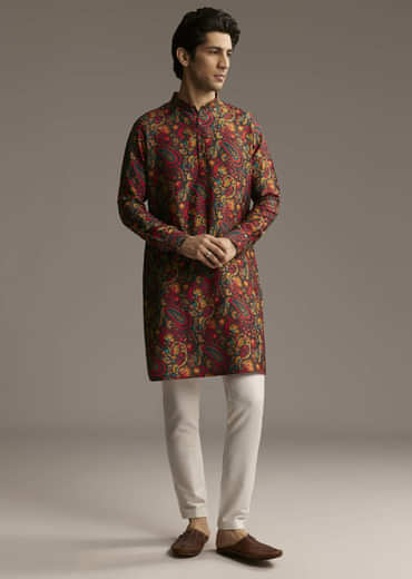 Multi Colour Silk Designer Kurta For Men With Paisley And Floral Print