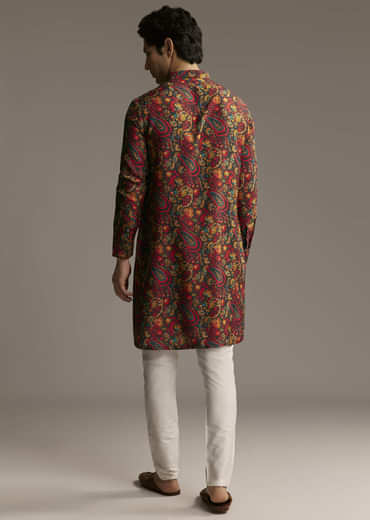 Multi Colour Silk Designer Kurta For Men With Paisley And Floral Print