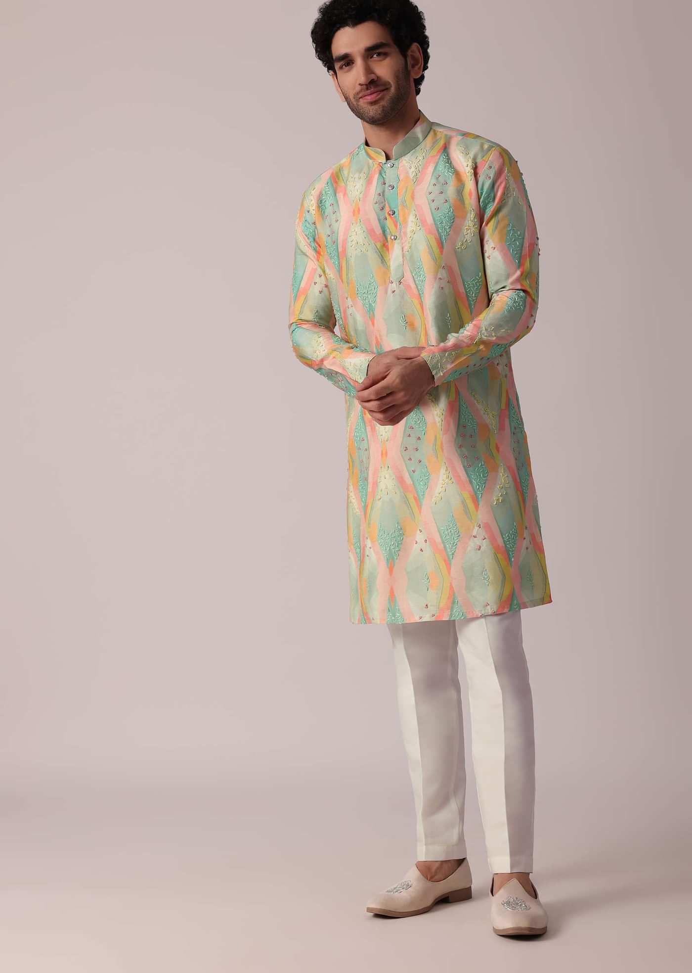 Multi-Coloured Festive Silk Kurta Set For Men