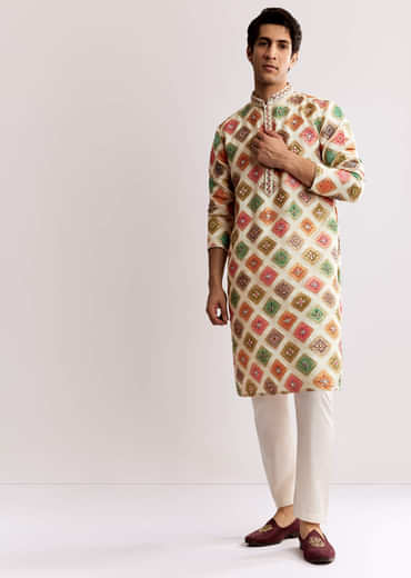 Multi Silk Kurta Set With Geometric Print