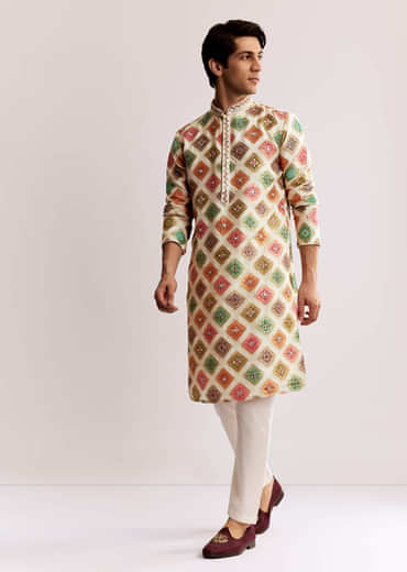 Multi Silk Kurta Set With Geometric Print
