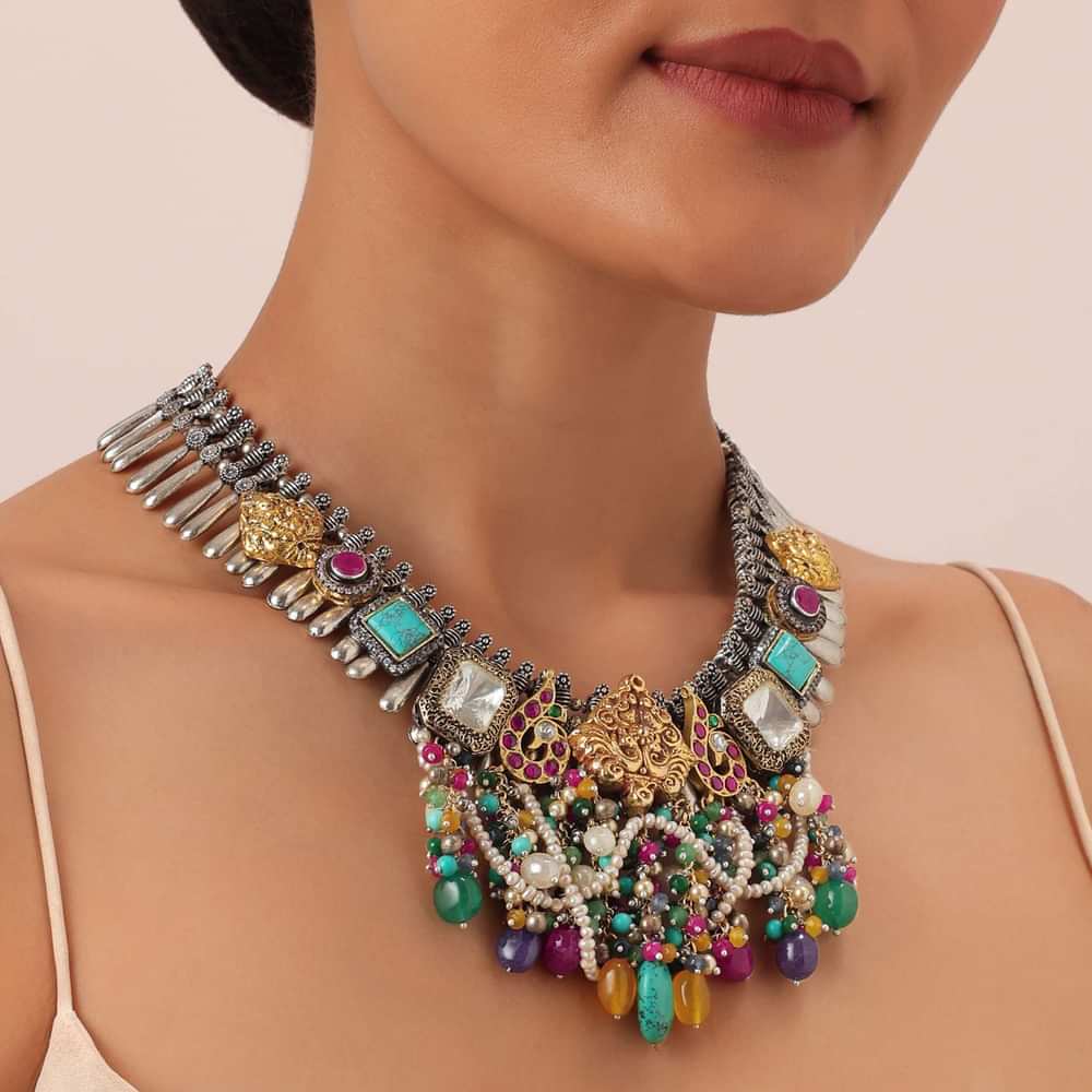 Multi Color Oxidised Kundan Necklace With Bead Drops