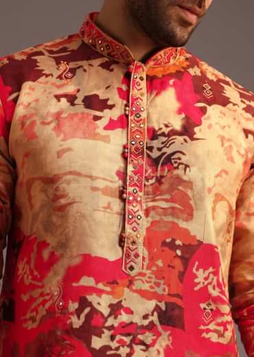 Multi Colour Abstract Print Silk Kurta And Pant