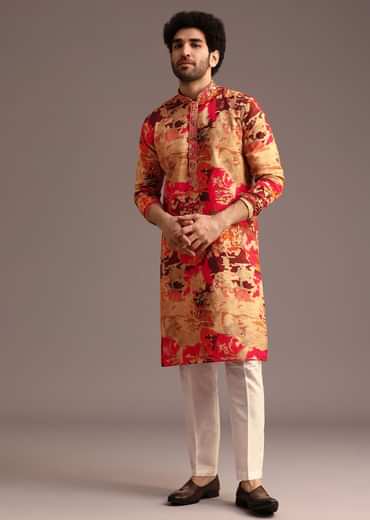 Multi Colour Abstract Print Silk Kurta And Pant