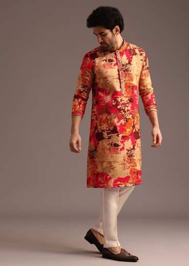 Multi Colour Abstract Print Silk Kurta And Pant