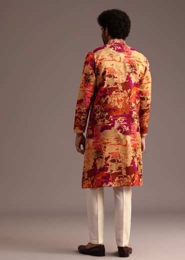 Multi Colour Abstract Printed Kurta Pant Set With Mandarin Collar