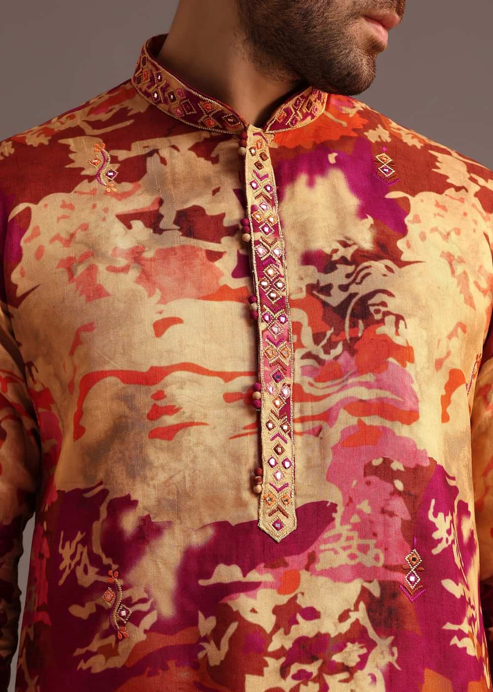 Multi Colour Abstract Printed Kurta Pant Set With Mandarin Collar