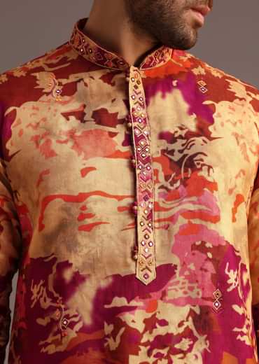 Multi Colour Abstract Printed Kurta Pant Set With Mandarin Collar