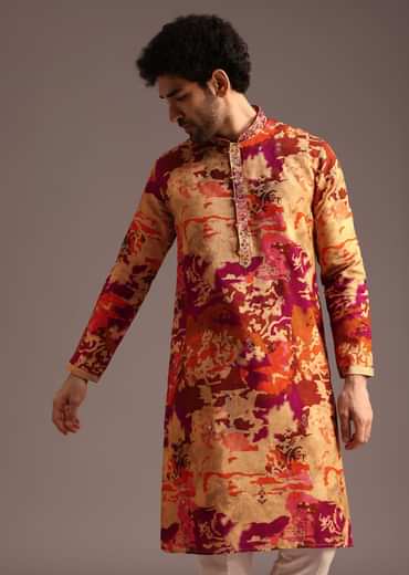 Multi Colour Abstract Printed Kurta Pant Set With Mandarin Collar